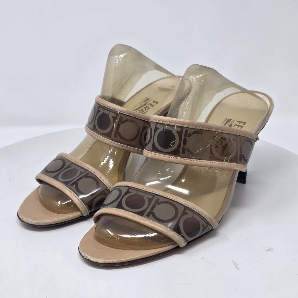 Salvatore Ferragamo Clear Logo Double Strap Sandals Tan Beige Womens 7B Italy